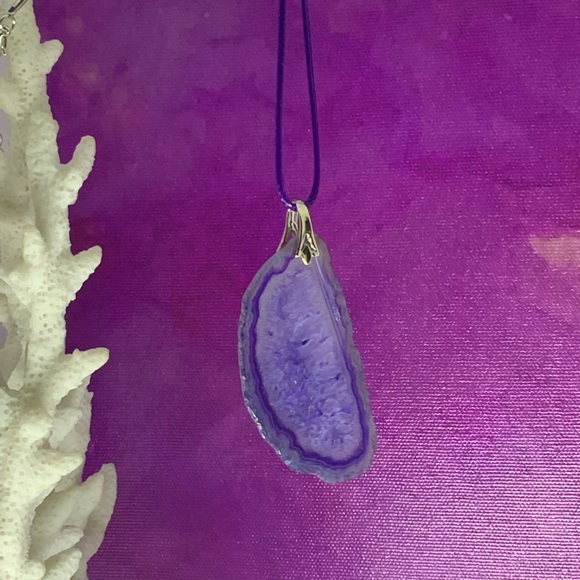 Purple Onyx Druzy Geode Agate Pendant Necklace on Waxed Cotton Cord Handmade - Picture 11 of 16